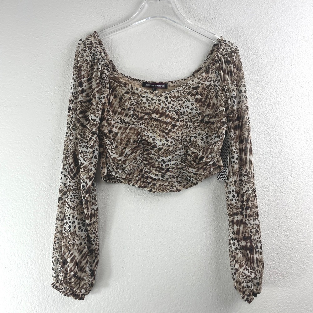 Almost Famous Crop Top Womens XL Brown Leopard Print Ruched Mesh Party Club NWT